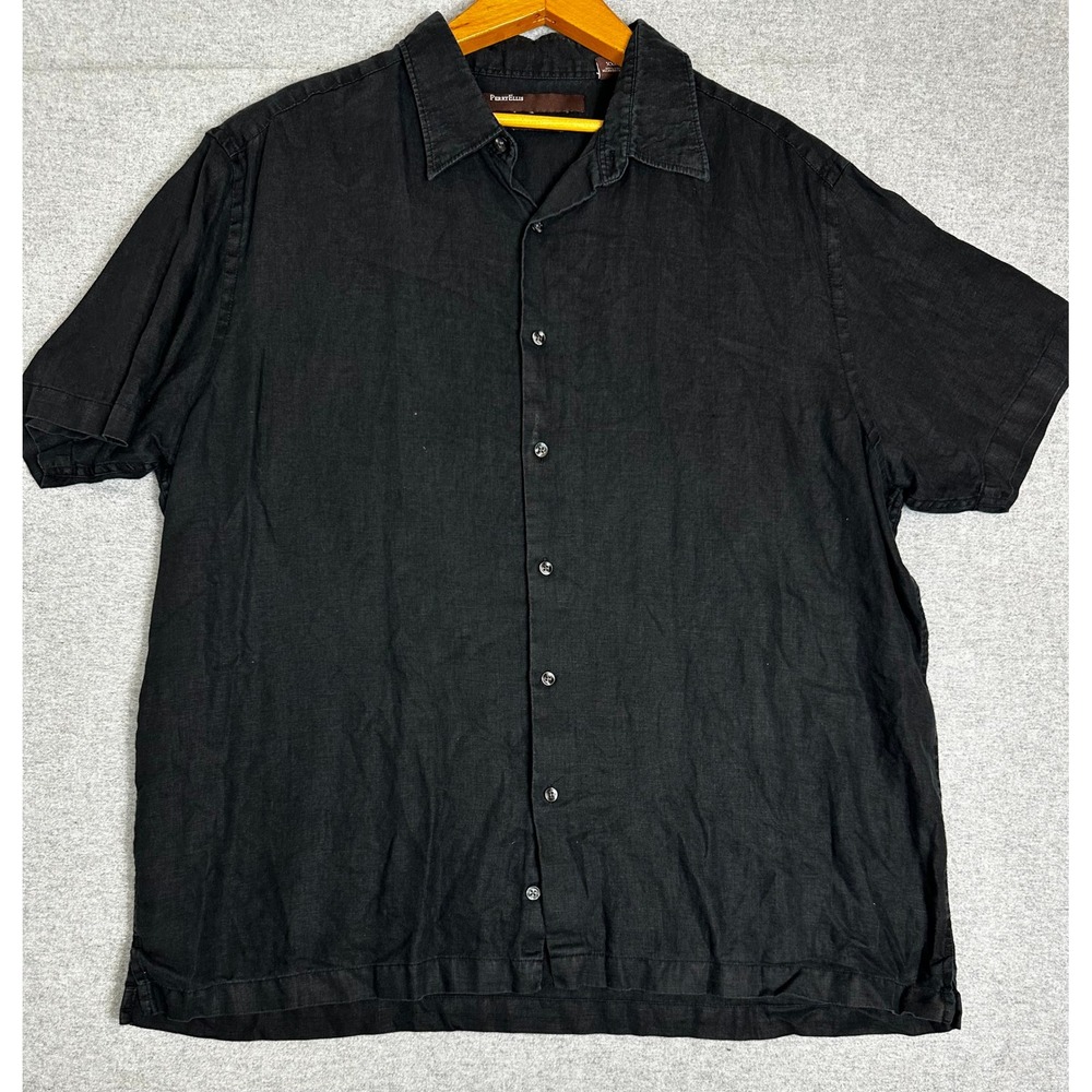 Perry Ellis 100% Linen Button Down Shirt Mens XXL Black Short Sleeve